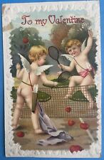 Antique German Valentine Postcard 1900s - Cherub Cupids Playing Tennis picture