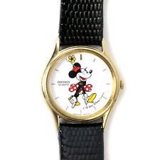 Vintage Seiko Women's Disney Minnie Mouse Watch 4N01-0129 Black Leather Strap picture