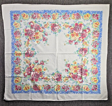 Vintage 50s Tablecloth 48x48 Roses Yellow Red Blue Square Farmhouse Cottage picture