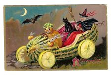c1908 Tucks #150 Halloween Postcard Fantacy JOL & Witch in a Mellon Buggy picture