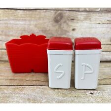 Vintage 1950s Salt & Pepper Shakers with Caddy Superlon Products  USA Red White picture