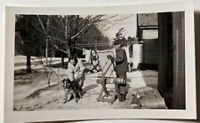 1950s SHELTIE DOG with Woman MAN sawing Logs Clothesline vintage Photo Snapshot picture