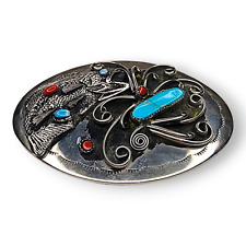 Vintage Southwestern Fish Nickel Silver Turquoise Coral Belt Buckle picture