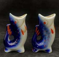 Vintage Two Sets Of Porcelain Fish Gilding Factory Ussr 1975 Blue White Decor picture