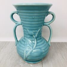 Vintage Shawnee  USA Pottery Vase Embossed Double Handle Turquoise 8