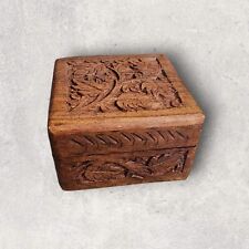 Vintage Hand Carved Wooden Trinket Box Square With Leaf Flower Design BEAUTIFUL  picture