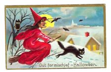 c1910 Halloween Postcard Witch Flying a Broom Black Cat & Bats picture