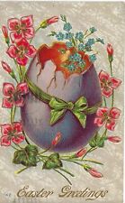 Easter Greetings Large Egg with Florals Embossed Antique Postcard 1910 picture