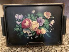 Vintage Hand Painted Floral Wooden Tole Black Serving Tray 22 X 16 X 1 picture