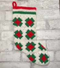 Vintage Handmade Granny Square Crochet Christmas Stocking Green Red White picture