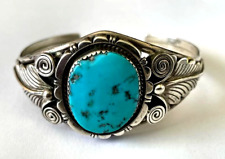 Charlie John Navajo Silver Cuff with Large Round Turquoise in Feather Setting picture