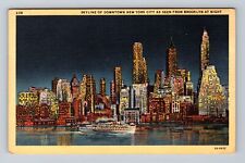 New York City, Skyline Lower Manhattan at Night, Antique Vintage Postcard picture