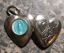 Vintage Blessed Virgin Mary Blue Enamel Heart Locket Medal  picture