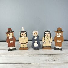 Vintage Set Of 5 - Hand Painted Wooden Pilgrims & Indians Thanksgiving Folk Art picture