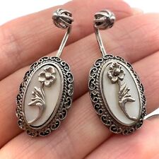 Big Vintage USSR Silver 875 Women's Jewelry Stud Earrings Cameo Flower Signed picture