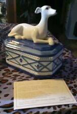 Vintage Greyhound Trinket Box Fitz And Floyd Ceramic Dog White And Blue Base  picture