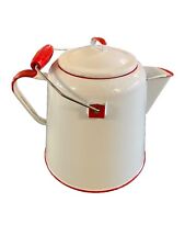 Large Vintage Enamel Ware White Red Handle Cowboy Coffee Pot Kettle Enamelware picture