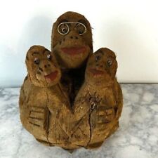 Carved coconut monkey with 2 babies has glasses flip Hawaii sculpture decor picture