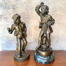 2 Antique Bronze Statues School Boys Throwing Snowballs French Vintage Sculpture picture