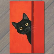 POSTCARD Black Cat Yellow Eyes Pet Red Background Painting Cute Fun Feline picture