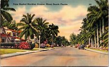 Palm Shaded Meridian Avenue Miami Beach Florida Linen Cancel WOB Postcard picture