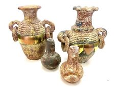 4 Piece Vintage Mexican Pottery Chimneas Candleholder Vase Copper Brass Accents picture