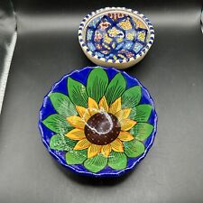 Vtg TALAVERA Bowl Pottery Glazed Footed Sunflower Vintage Mexico Lot Of  2 Folk picture