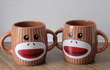 Vintage Sock Monkey Pair/Set of 2 Tea Coffee Mugs by Galerie Double Handle 14 oz picture