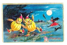 1908 Tucks #150 Halloween Postcard Fantasy Run Away Pumkins, Witch/Cat picture
