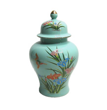 Vintage Aqua Asian Ginger Jar Hand painted 9 inches Tall humming Bird Orchids picture