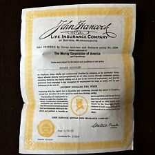 1929 JOHN HANCOCK LIFE INSURANCE YELLOW POLICY MURRAY CORPORATION CERTIFICATE picture