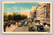 Fifth Avenue and Central Park New York City NY Street Scene Cars Postcard c1942 picture