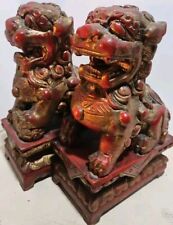  PAIR Chinese Wood Carved Red Gilded Lion Foo dogs Decor 10x6.5x4 picture