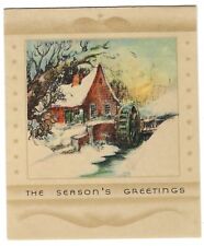 1930s Winter Scene Mill, Water Wheel, The Seasons Greetings, Signed, 5 1/8