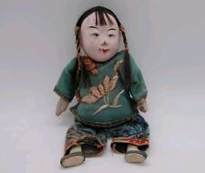 Handmade Vintage Asian Doll Embroidered Green Clothes Real Hair 6