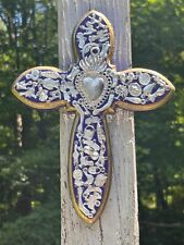 Painted Wood Cross Milagros Mexico Handmade 9x7 Perpetuo Socorro Heart M25 picture