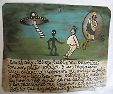 VTG 1953 HP MEXICAN TIN RETABLO SAN JUDAS SAVED MAN FROM FLYING SAUCER MARTIANS picture
