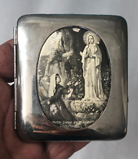 Antique Lourdes Chrome Hinged Cigarette Case Notre Dame de Lourdes Christian picture