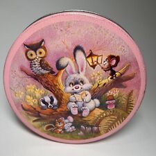 Vintage Easter Tin Rabbit Owl Forest Kitschy Cottage Pink Cookie Storage 70s 80s picture