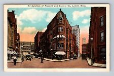 Lowell MA-Massachusetts Junction Of Prescott & Central St Vintage c1926 Postcard picture