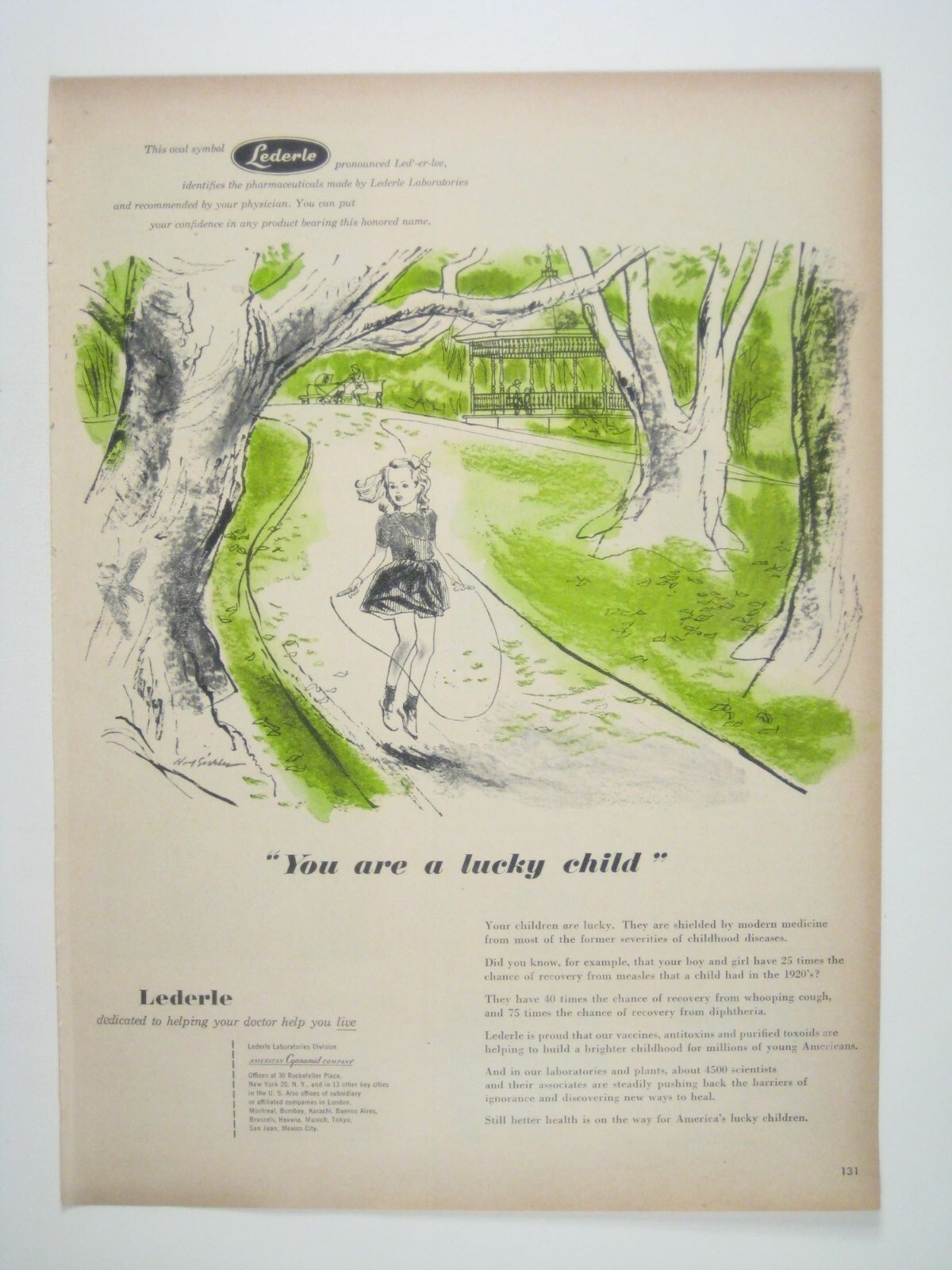 Vintage Lederle Pharmaceutical Ad Print You Are A Lucky Child 1950s Jump Rope Vintage Lederle Pharmaceutical Ad Print You Are A Lucky Child 1950s Jump Rope