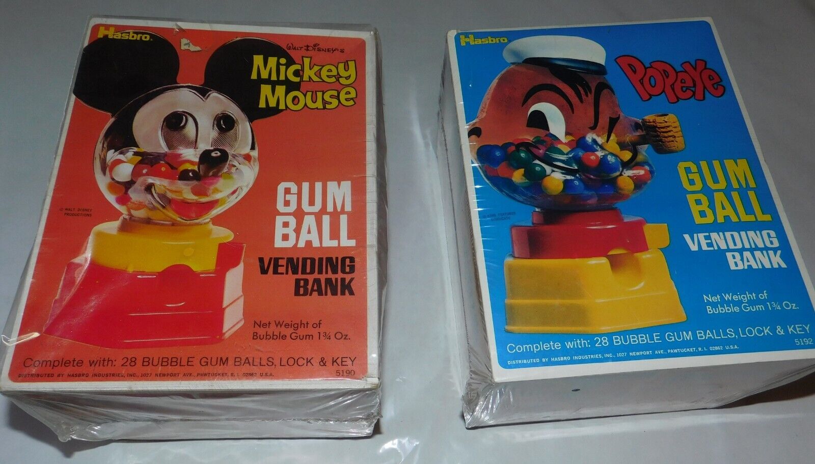 POPEYE AND MICKEY MOUSE, UNUSED, MINT HASBRO GUMBALL MACHINES- MINT BOXES