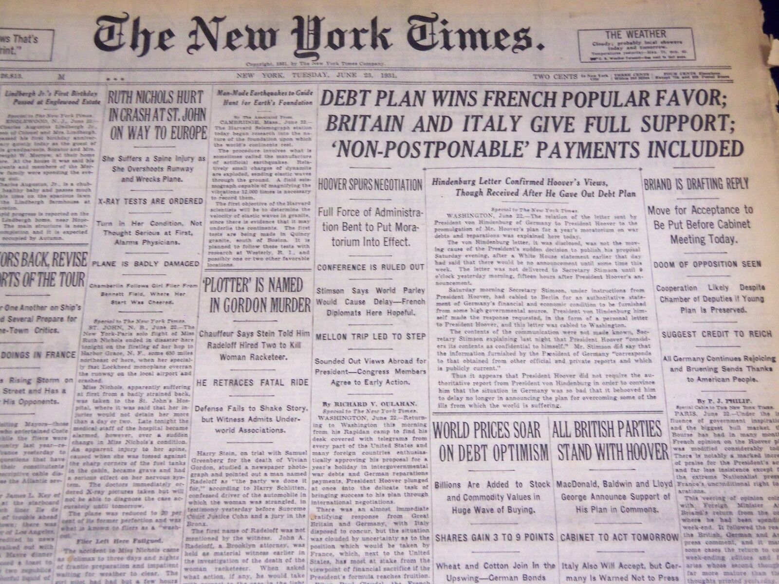 1931 JUNE 23 NEW YORK TIMES - DEBT PLAN WINS FRENCH FAVOR - NT 3957