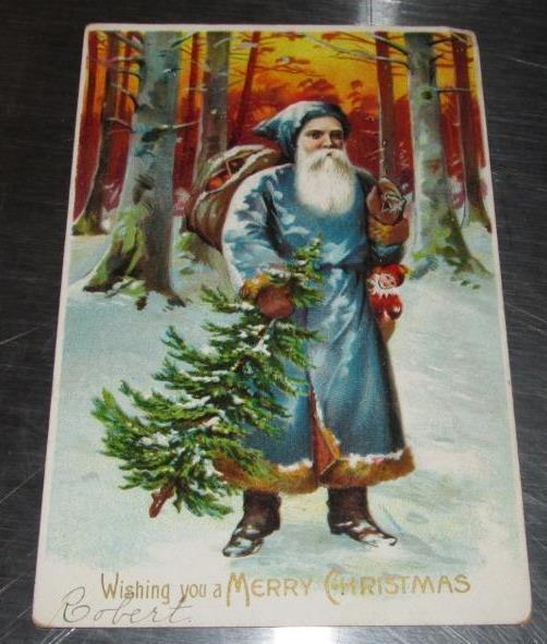 Vintage Christmas Embossed Postcard Blue Robe Santa Germany
