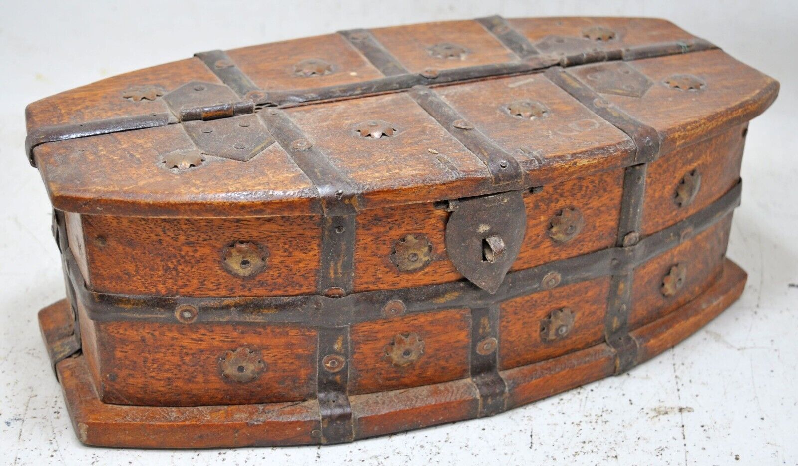 Vintage Wooden Oval Storage Box Original Old Hand Crafted Metal Fitted