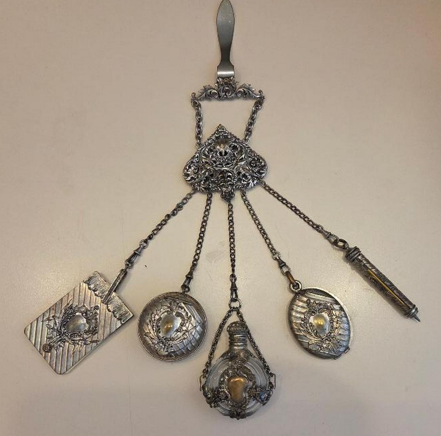 Rare 1900s silver plate 5 piece chatelaine, compact, perfume, mirror, pencil Rare 1900s silver plate 5 piece chatelaine, compact, perfume, mirror, pencil