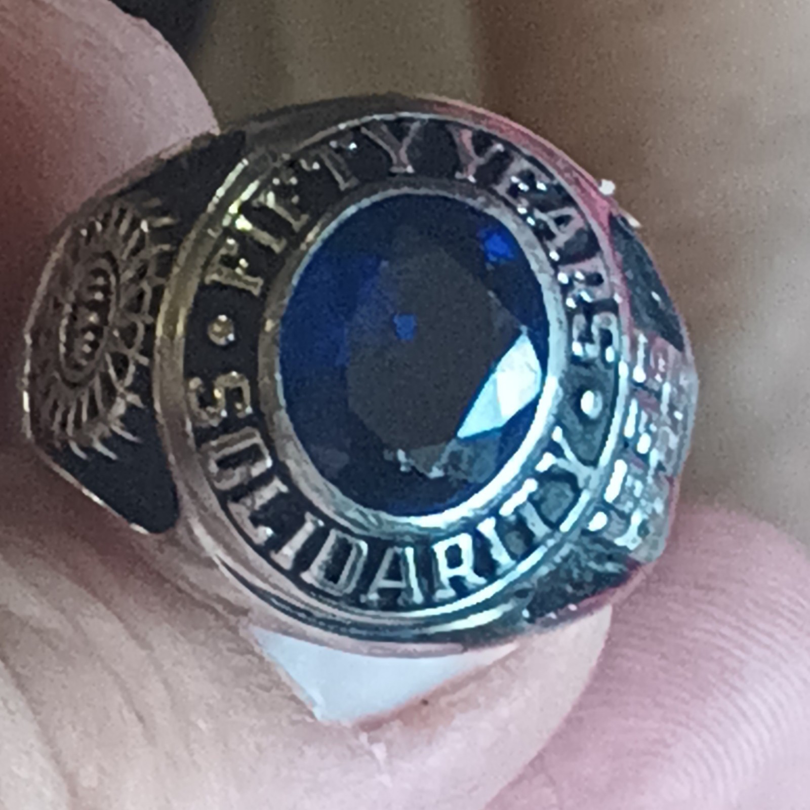 Trade Union Solidarity Ring with Blue Stone Commemorative 1935-1985 Trade Union Solidarity Ring with Blue Stone Commemorative 1935-1985