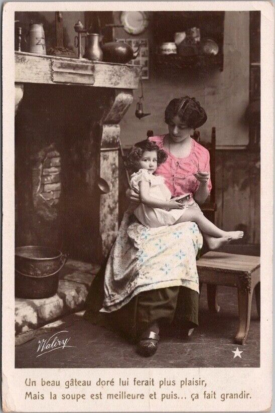 Vintage 1900s French Tinted Photo RPPC Postcard Mother & Girl / Fireside Hearth