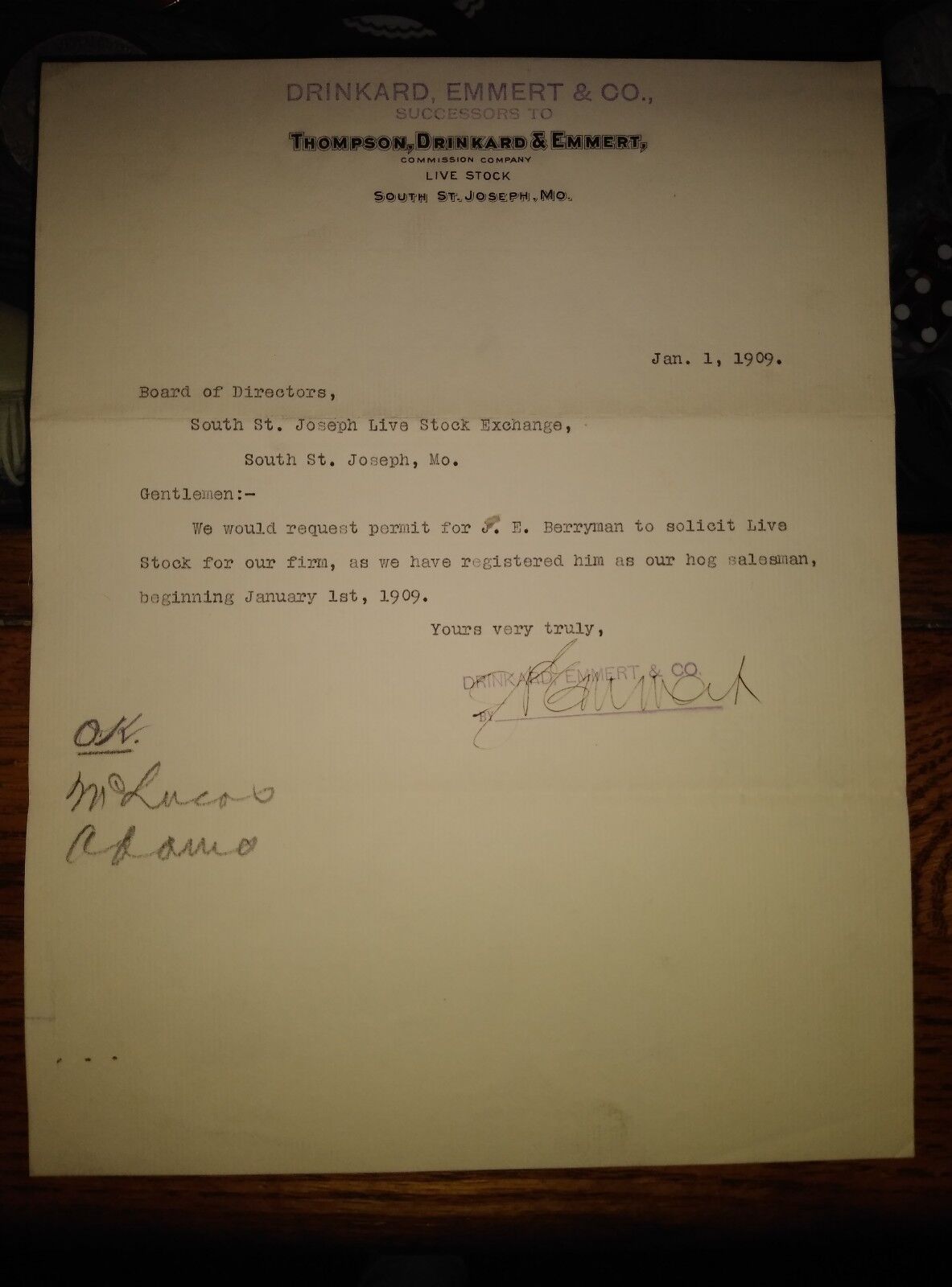 Antique Original Livestock Commission letter Thompson, Drinkard & Emmert 1909  