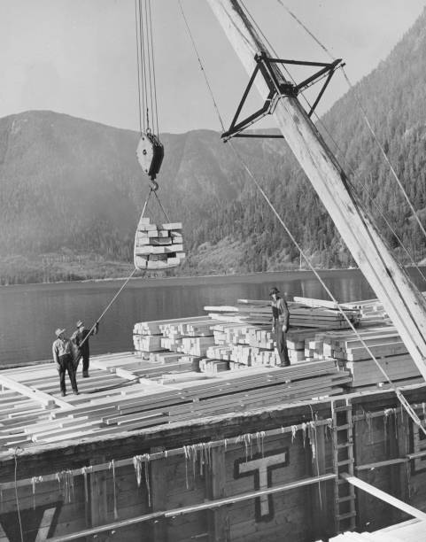 Workers load spruce onto barge Pacific Mills Pulp & Paper Mill Ocean- Old Photo